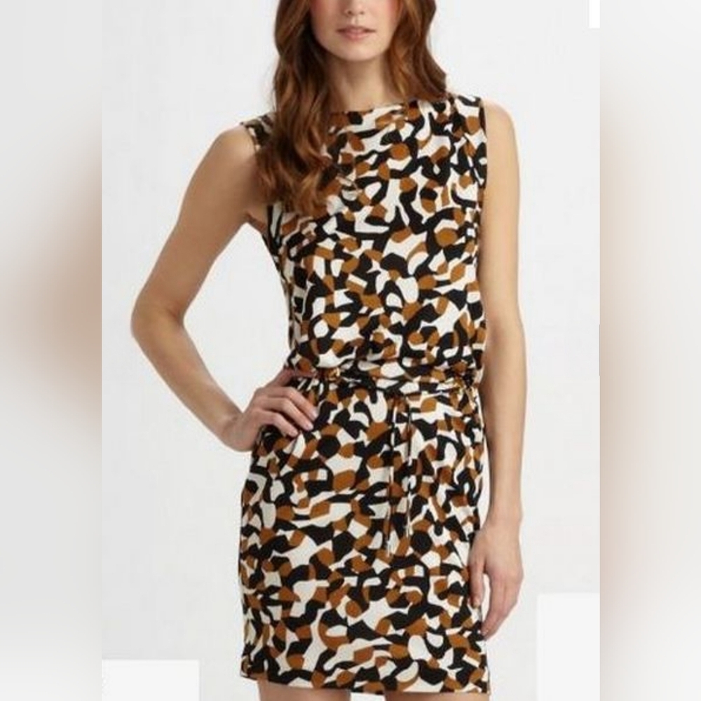 Diane von Furstenberg Silk Dress Sz 8 Sleeveless Belted Abstract Print